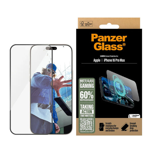Schutzfolie Matte PanzerGlass Ultra-Wide Fit Gaming für Apple iPhone 16 Pro Max, Gehärtetes Glas, Vollverklebung, Schwarz