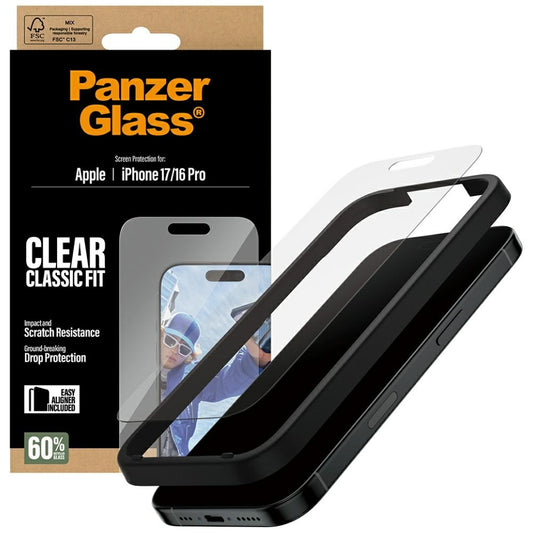 Film de protection d'écran PanzerGlass Classic Fit EasyAligner pour Apple iPhone 17 / 16 Pro, Verre Trempé, Full Glue
