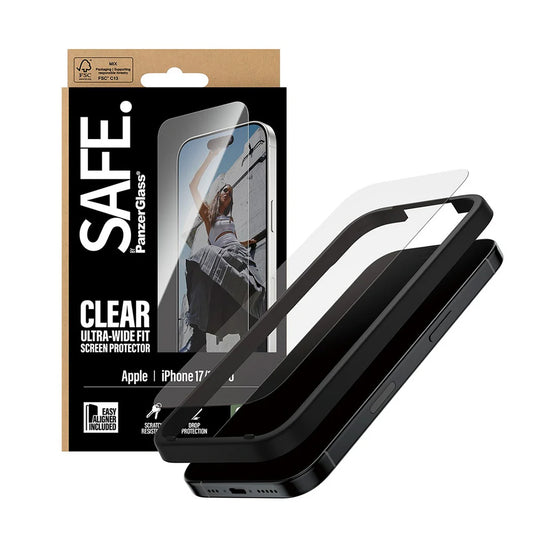 Schutzfolie PanzerGlass Safe Bildschirm. Ultra-Wide Fit EasyAligner für Apple iPhone 17 / 16 Pro, gehärtetes Glas, Full Glue.