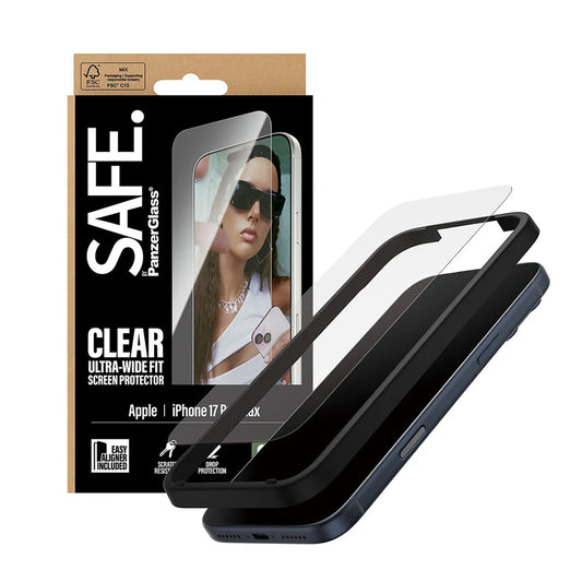 Schutzfolie PanzerGlass Safe. Ultra-Wide Fit EasyAligner für Apple iPhone 17 Pro Max, gehärtetes Glas, Full Glue.