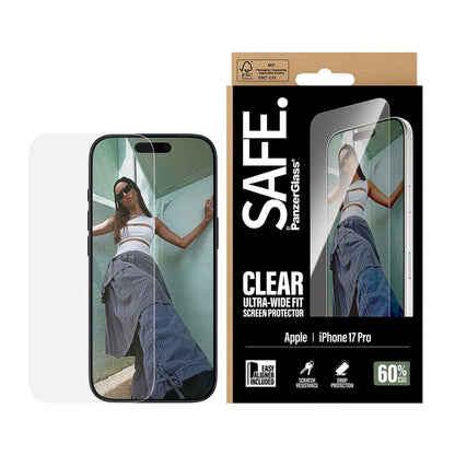 Schutzfolie PanzerGlass Safe. Ultra-Wide Fit EasyAligner für Apple iPhone 17 Pro, gehärtetes Glas, Full Glue.