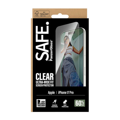 Schutzfolie PanzerGlass Safe. Ultra-Wide Fit EasyAligner für Apple iPhone 17 Pro, gehärtetes Glas, Full Glue.