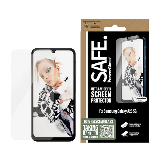 Schutzfolie PanzerGlass Safe Bildschirm. Ultra-Wide Fit EasyAligner für Samsung Galaxy A26 A266, gehärtetes Glas, Full Glue.