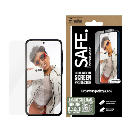 Schutzfolie PanzerGlass Safe Bildschirm. Ultra-Wide Fit EasyAligner für Samsung Galaxy A36 A366, Gehärtetes Glas, Vollverklebung.