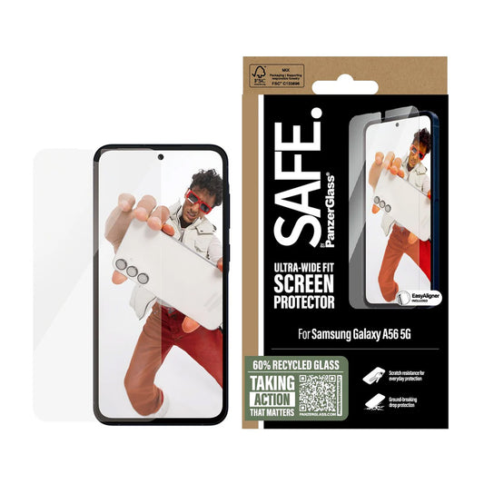 Schutzfolie PanzerGlass Safe für Bildschirm. Ultra-Wide Fit EasyAligner für Samsung Galaxy A56 A566, gehärtetes Glas, Vollverklebung.