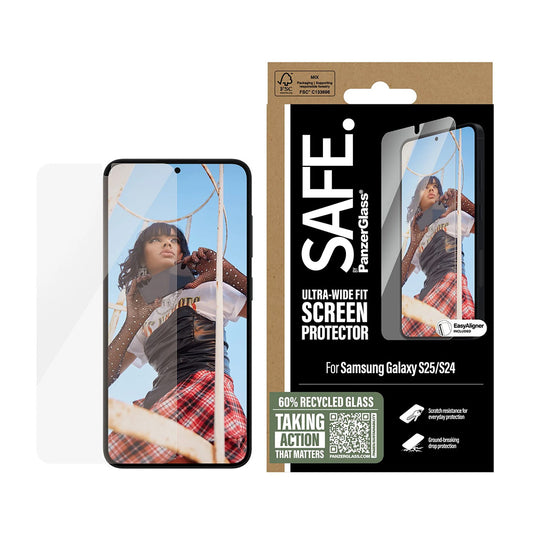 Beschermfolie PanzerGlass Safe Scherm. Ultra-Wide Fit EasyAligner voor Samsung Galaxy S25 S931 / S24 S921, Gehard Glas, Volledige Lijm