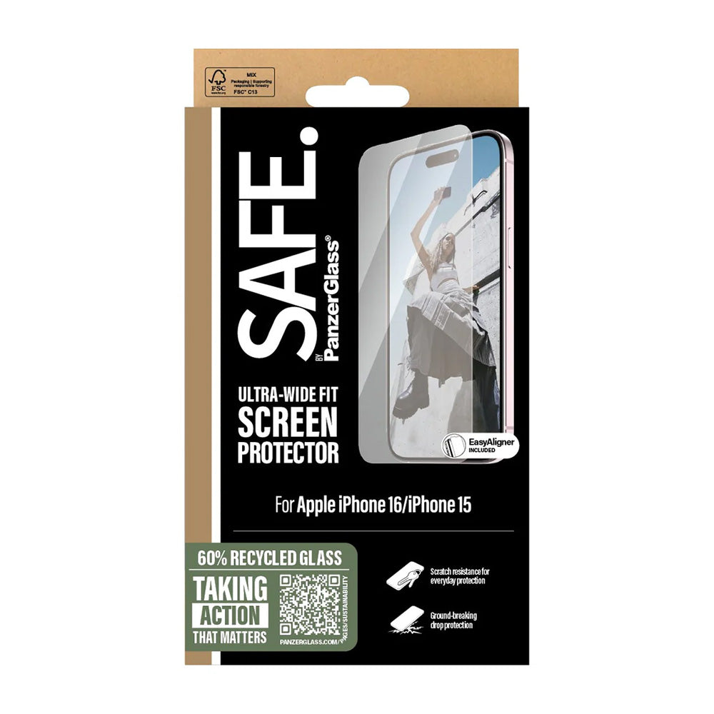 Beschermfolie PanzerGlass Safe Scherm. Ultra-Wide Fit voor Apple iPhone 16 / 15, Gehard Glas, Volledige Lijm