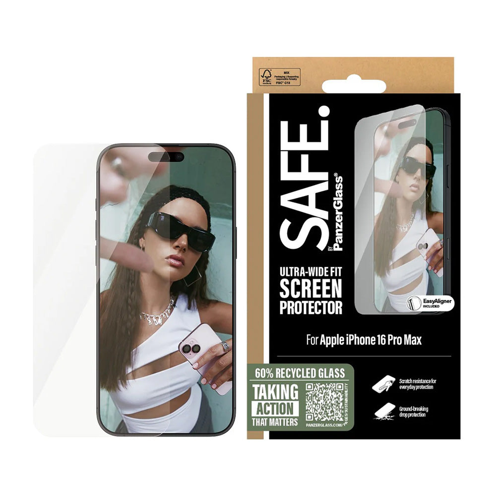 Beschermfolie PanzerGlass Safe Scherm. Ultra-Wide Fit voor Apple iPhone 16 Pro Max, Gehard Glas, Volledige Lijm.