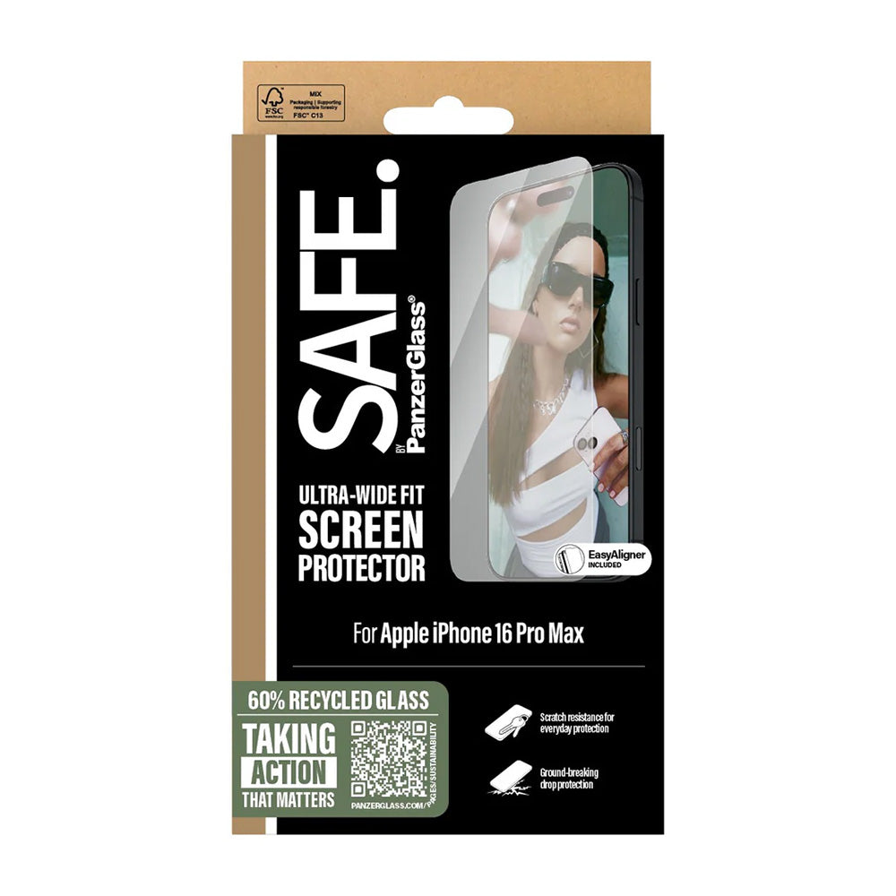 Beschermfolie PanzerGlass Safe Scherm. Ultra-Wide Fit voor Apple iPhone 16 Pro Max, Gehard Glas, Volledige Lijm.