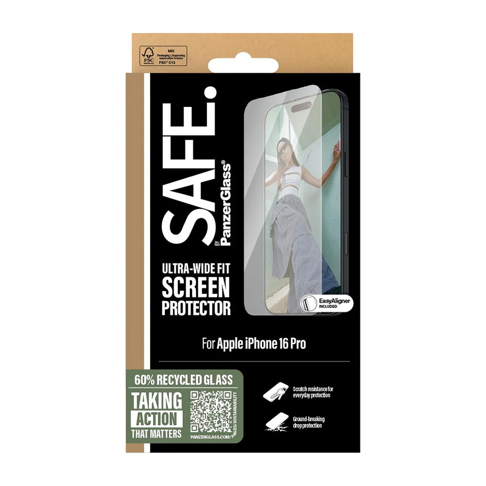 Beschermfolie PanzerGlass Safe Scherm. Ultra-Wide Fit voor Apple iPhone 16 Pro, Gehard Glas, Volledige Lijm