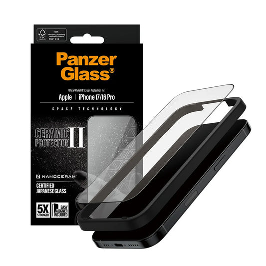 Beschermfolie PanzerGlass Ultra-Wide Ceramic II EasyAligner voor Apple iPhone 17 / 16 Pro, Gehard Glas, Volledige Lijm, Zwart