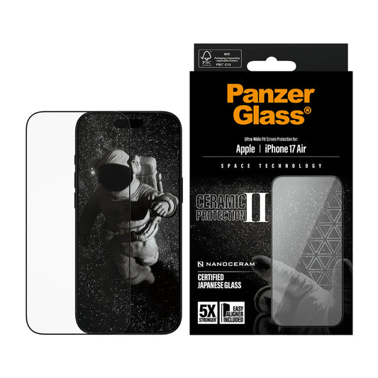 Beschermfolie PanzerGlass Ultra-Wide Ceramic II EasyAligner voor Apple iPhone 17 Air, Gehard Glas, Volledige Lijm, Zwart