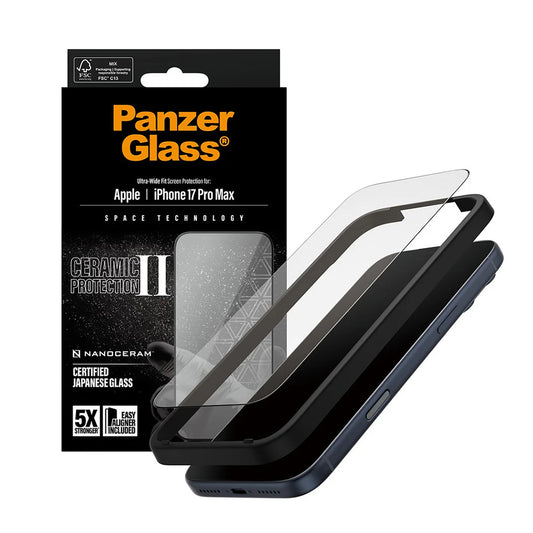PanzerGlass Ultra-Wide Ceramic II EasyAligner beschermfolie voor Apple iPhone 17 Pro Max, Gehard Glas, Volledige Lijm, Zwart