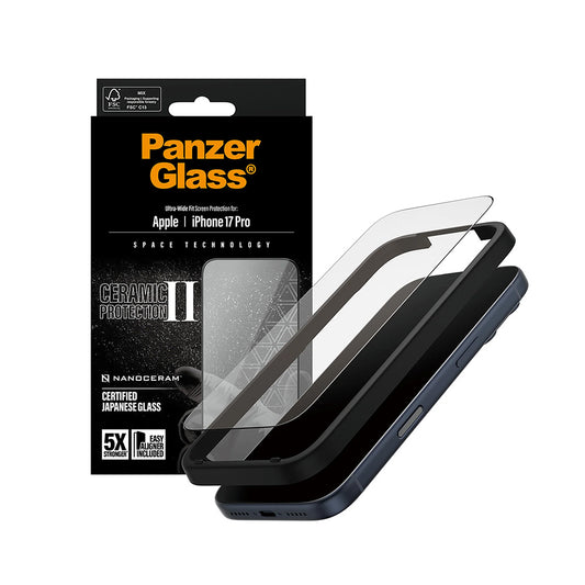 Beschermfolie PanzerGlass Ultra-Wide Ceramic II EasyAligner voor Apple iPhone 17 Pro, Gehard Glas, Volledige Lijm, Zwart