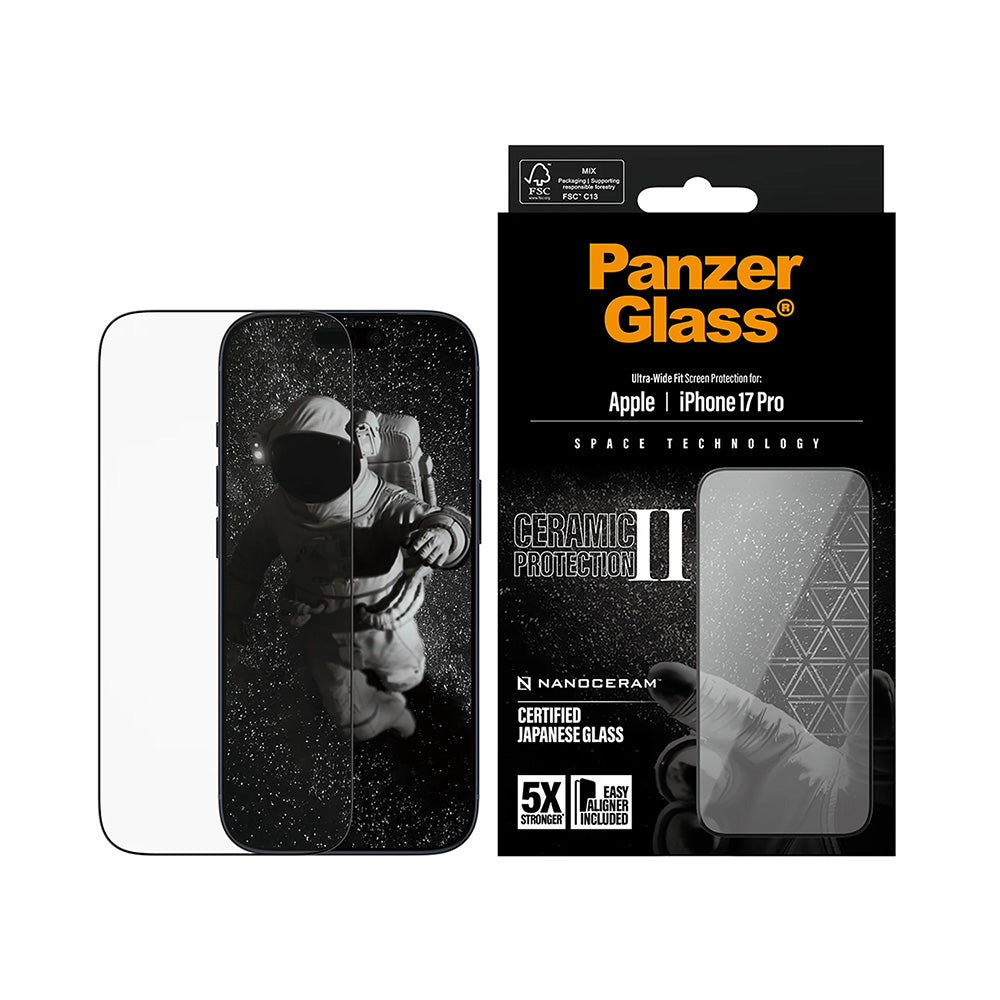 Film de protection d'écran PanzerGlass Ultra-Wide Ceramic II EasyAligner pour Apple iPhone 17 Pro, Verre Trempé, Full Glue, Noir