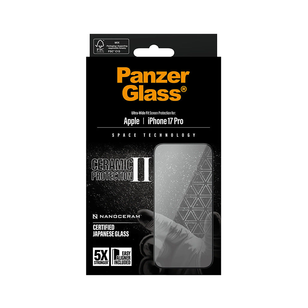 Film de protection d'écran PanzerGlass Ultra-Wide Ceramic II EasyAligner pour Apple iPhone 17 Pro, Verre Trempé, Full Glue, Noir