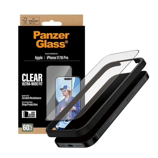 Beschermfolie PanzerGlass Ultra-Wide Fit EasyAligner voor Apple iPhone 17 / 16 Pro, Gehard Glas, Volledige Lijm, Zwart