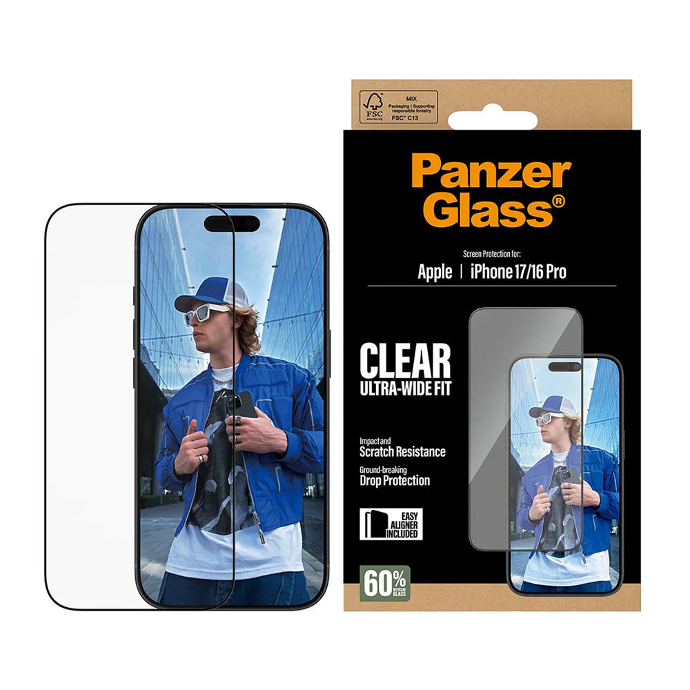 Film de protection d'écran PanzerGlass Ultra-Wide Fit EasyAligner pour Apple iPhone 17 / 16 Pro, Verre Trempé, Full Glue, Noir