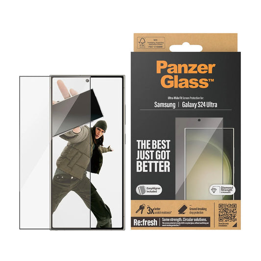 Beschermfolie Scherm PanzerGlass Ultra-Wide Fit EasyAligner voor Samsung Galaxy S24 Ultra S928, Gehard Glas, Volledige Lijm, Zwart