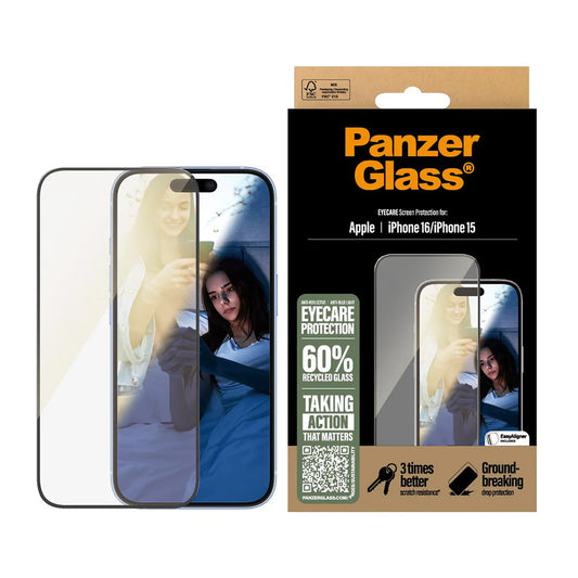 Beschermfolie PanzerGlass Ultra-Wide Fit EyeCare voor Apple iPhone 16 / 15, Gehard Glas, Volledige Lijm, Zwart