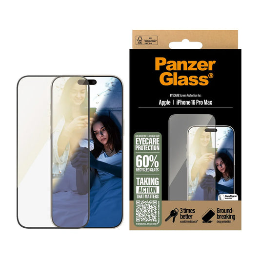 Beschermfolie Scherm PanzerGlass Ultra-Wide Fit EyeCare voor Apple iPhone 16 Pro Max, Gehard Glas, Volledige Lijm, Zwart