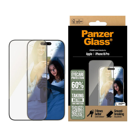 Beschermfolie PanzerGlass Ultra-Wide Fit EyeCare voor Apple iPhone 16 Pro, Gehard Glas, Volledige Lijm, Zwart