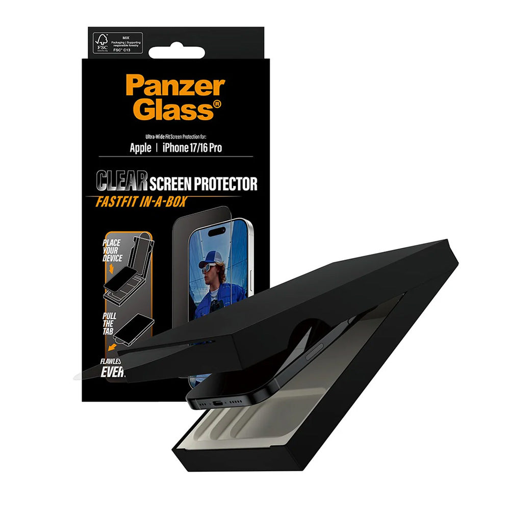 PanzerGlass Ultra-Wide Fit Fastfit beschermfolie voor Apple iPhone 17 / 16 Pro, Gehard Glas, Volledige Lijm, Zwart