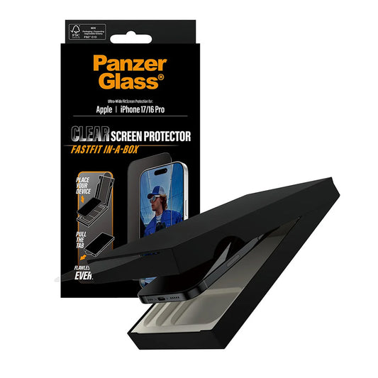 PanzerGlass Ultra-Wide Fit Fastfit beschermfolie voor Apple iPhone 17 / 16 Pro, Gehard Glas, Volledige Lijm, Zwart