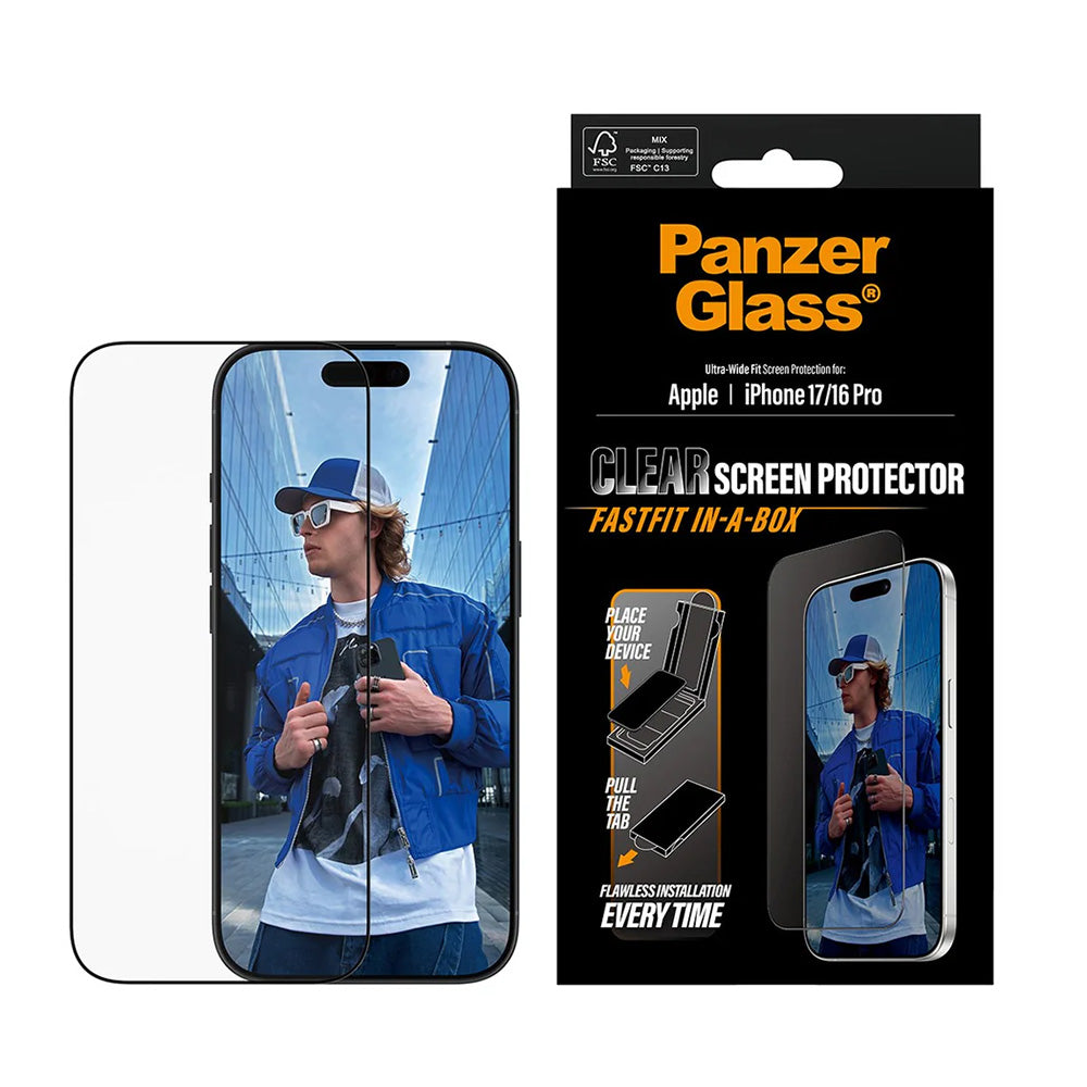 PanzerGlass Ultra-Wide Fit Fastfit beschermfolie voor Apple iPhone 17 / 16 Pro, Gehard Glas, Volledige Lijm, Zwart