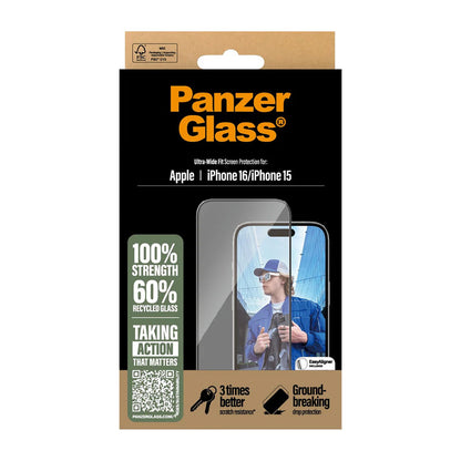 Schutzfolie PanzerGlass Ultra-Wide Fit für Apple iPhone 16 / 15, gehärtetes Glas, Full Glue, Schwarz