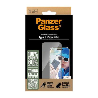 Schutzfolie PanzerGlass Ultra-Wide Fit für Apple iPhone 16 Pro, gehärtetes Glas, Full Glue, Schwarz