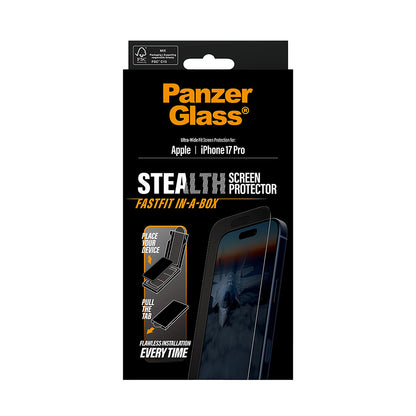 Schutzfolie PanzerGlass Ultra-Wide Fit Stealth Fastfit für Apple iPhone 17 Pro, gehärtetes Glas, Full Glue, Schwarz