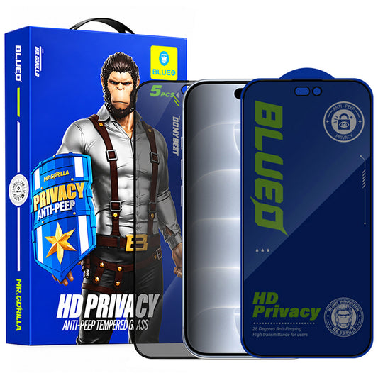 Blueo Anti-Peep privacy-schermbeschermer voor Apple iPhone 18 Pro, gehard glas, volledige kleeflaag, set van 5 stuks