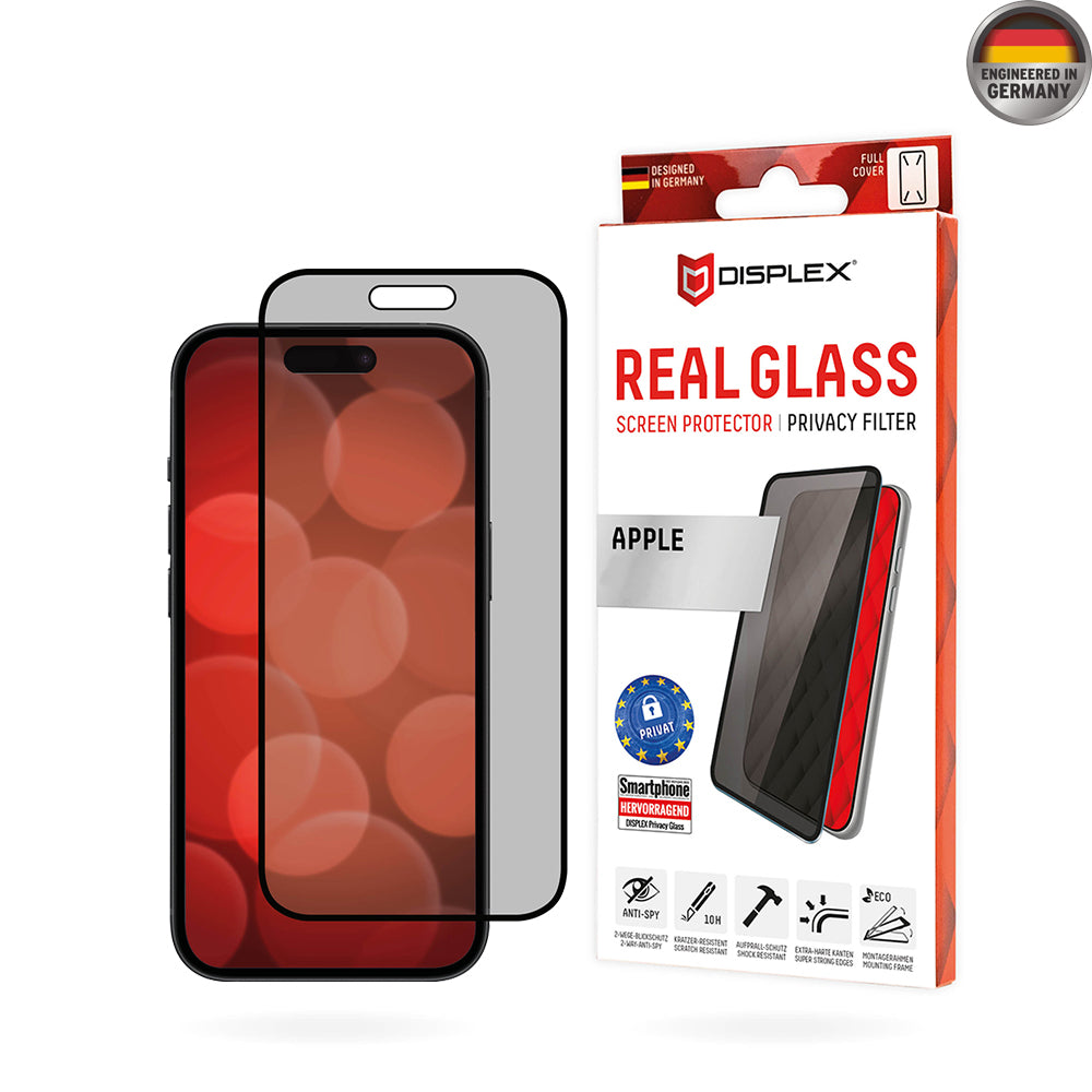 Privacy-Schutzfolie Displex Real Glass für Apple iPhone 16 Plus, gehärtetes Glas, Full Glue
