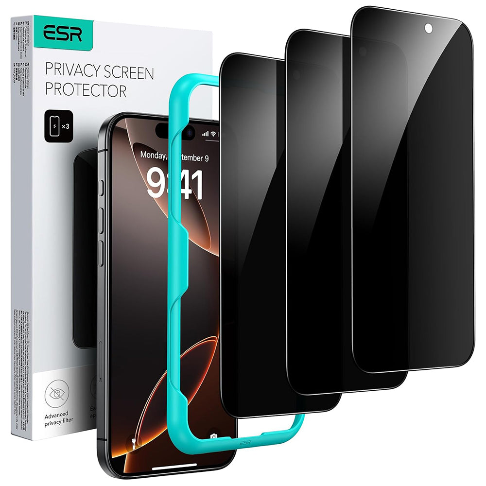 Privacy ESR schermbeschermfolie voor Apple iPhone 17 / 16 Pro, Gehard Glas, Volledige Lijm, Set van 3 stuks