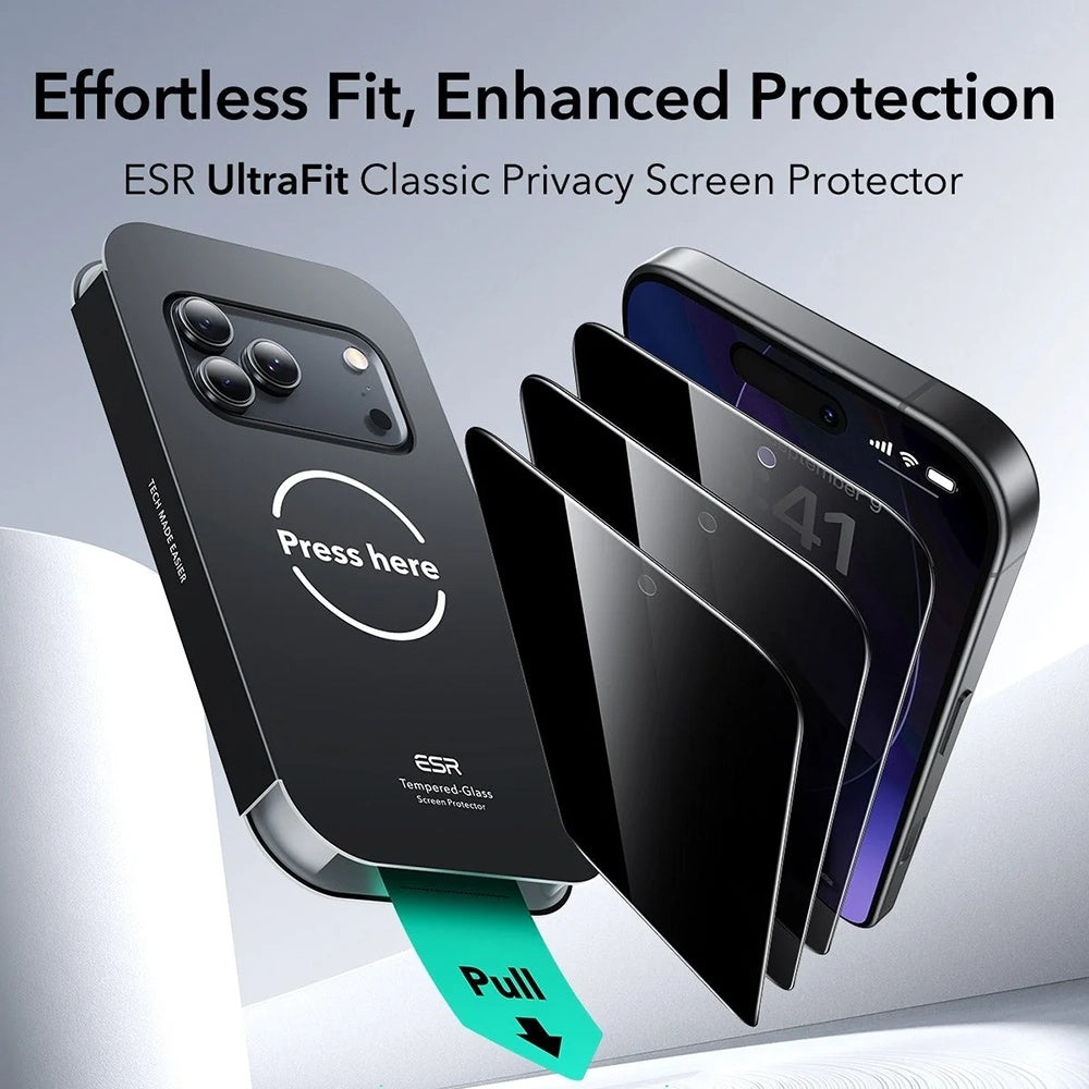 Privacy Screen Protector ESR UltraFit Classic voor Apple iPhone 18 Pro, Gehard Glas, Volledige Lijm, Set van 3 stuks