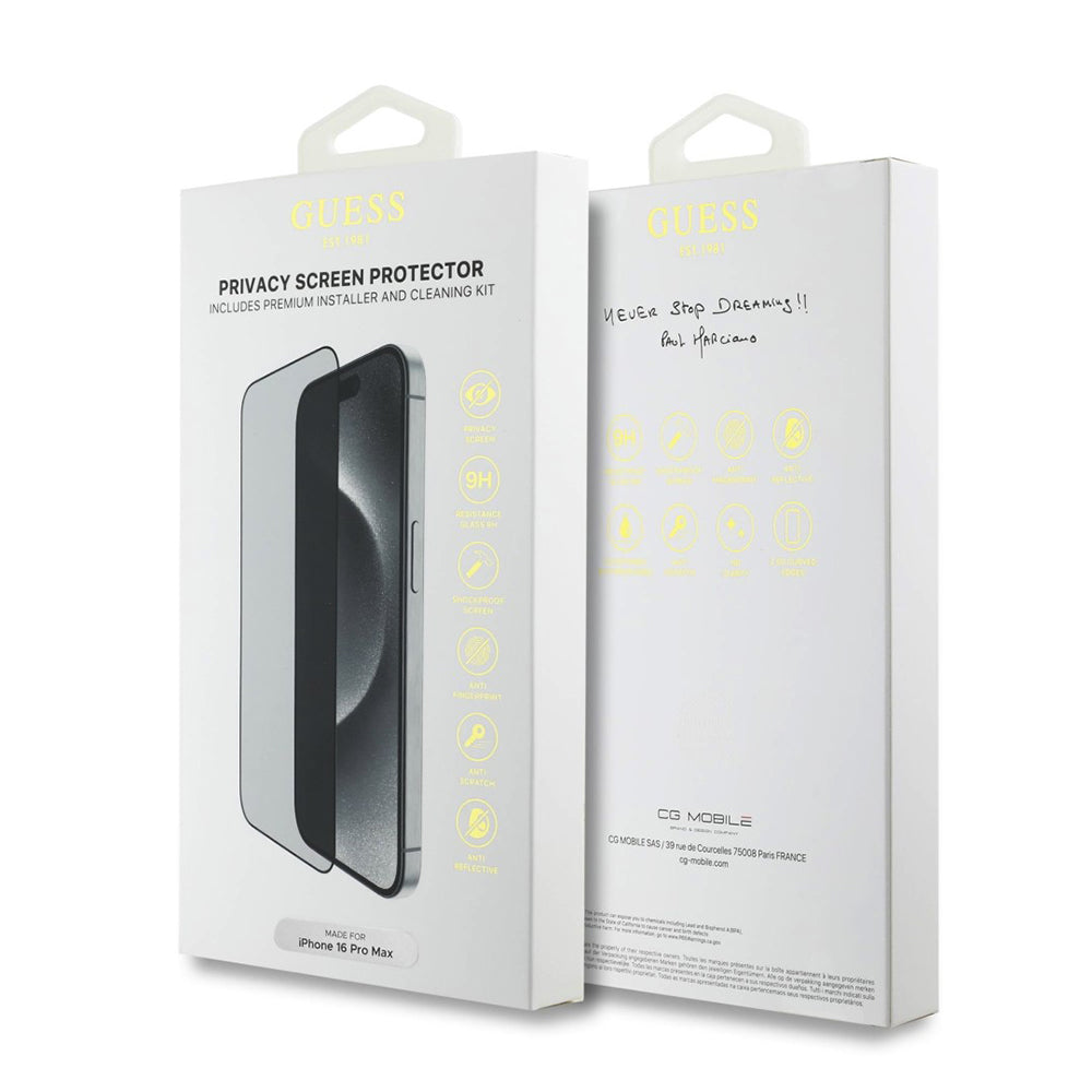 Film de protection écran Privacy Guess pour Apple iPhone 16 Pro Max, Verre Trempé, Full Glue, 2.5D, GUTGP16XBOKGCIP