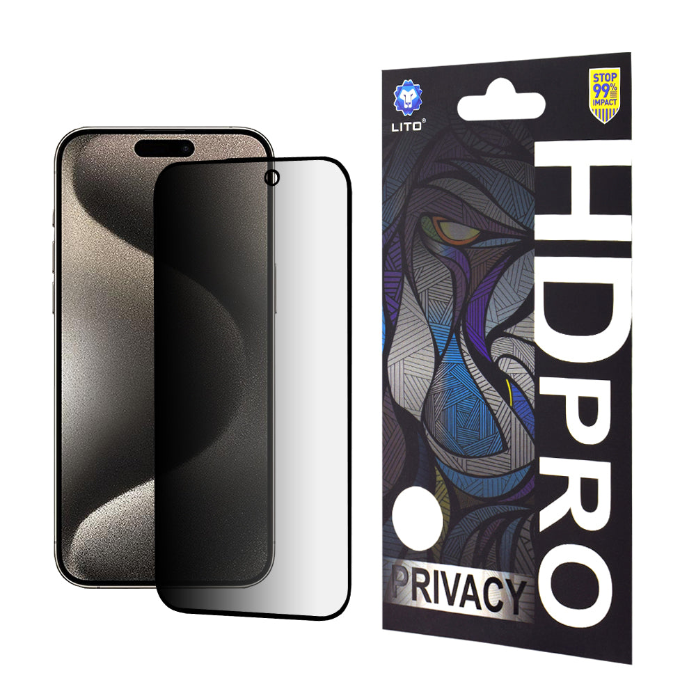 Privacy Screen Protector Folie Lito HD Pro voor Apple iPhone 15 Pro Max, Gehard Glas, Volledige Lijm