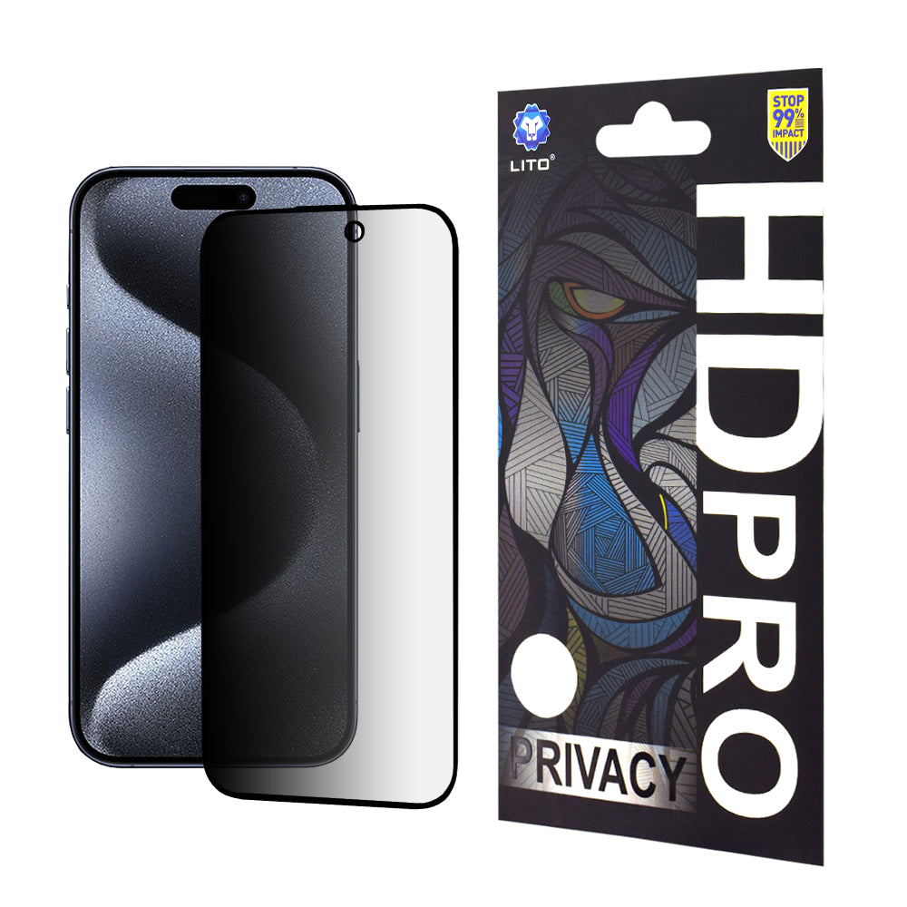Privacy Screen Protector Folie Lito HD Pro voor Apple iPhone 15 Pro, Gehard Glas, Volledige Lijm