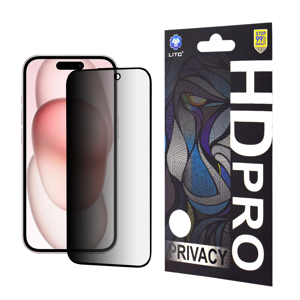 Privacy-Schutzfolie Lito HD Pro für Apple iPhone 15, gehärtetes Glas, Full Glue