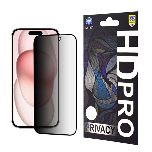 Privacy Screen Protector Lito HD Pro voor Apple iPhone 15, Gehard Glas, Volledige Lijm