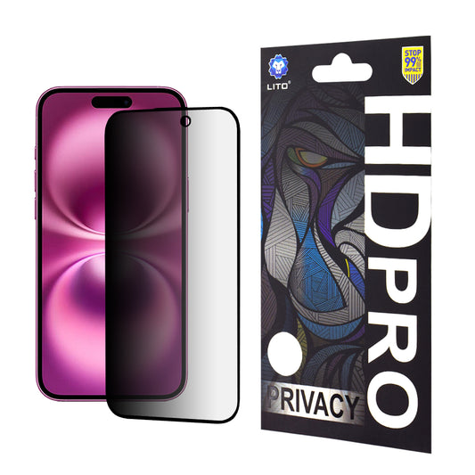 Privacy Screen Protector Lito HD Pro voor Apple iPhone 16 Plus, Gehard Glas, Volledige Lijm