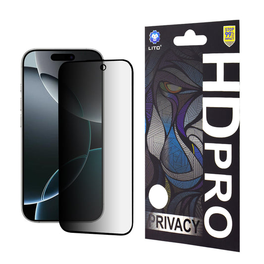 Privacy Screen Protector Folie Lito HD Pro voor Apple iPhone 16 Pro, Gehard Glas, Volledige Lijm