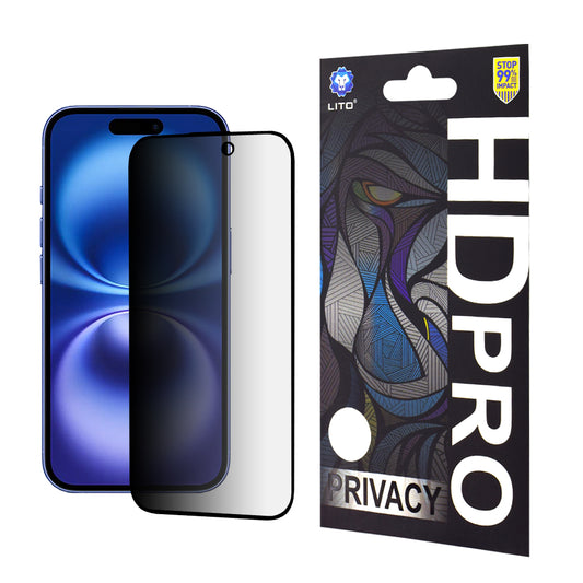 Privacy Screen Protector Folie Lito HD Pro voor Apple iPhone 16, Gehard Glas, Volledige Lijm