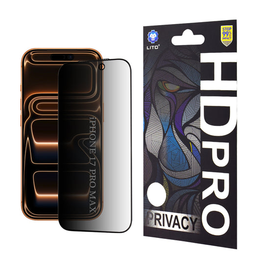 Film de protection écran Privacy Lito HD Pro pour Apple iPhone 17 Pro Max, Verre Trempé, Full Glue