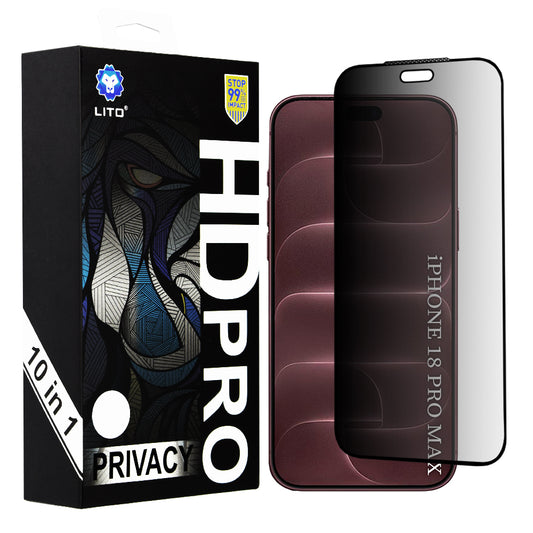 Lito HD Pro Privacy-Displayschutzfolie für Apple iPhone 18 Pro Max, gehärtetes Glas, vollflächig klebend, 10er-Set