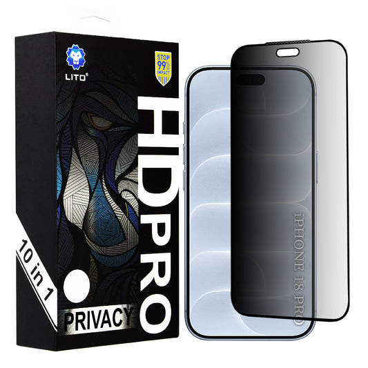 Lito HD Pro Privacy-Displayschutzfolie für Apple iPhone 18 Pro, gehärtetes Glas, vollflächig klebend, 10er-Set