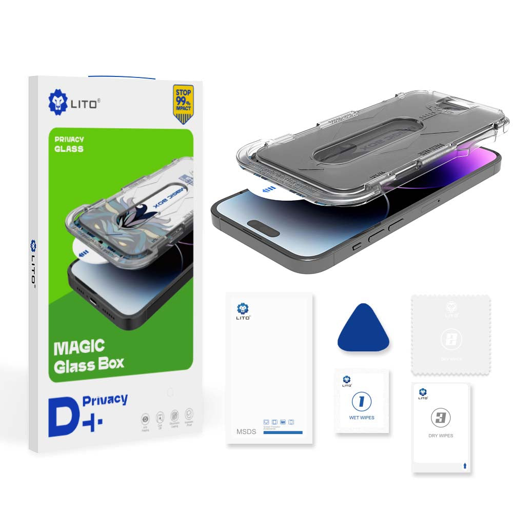 Privacy Screen Protector Lito Magic Glass Box D+ Tools for Apple iPhone 15, Tempered Glass, Full Glue