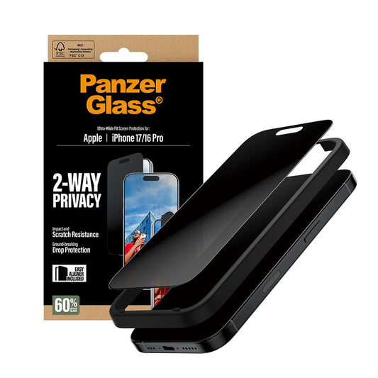 Beschermfolie Privacy Scherm PanzerGlass Ultra-Wide Fit 2-Way EasyAligner voor Apple iPhone 17 / 16 Pro, Gehard Glas, Volledige Lijm