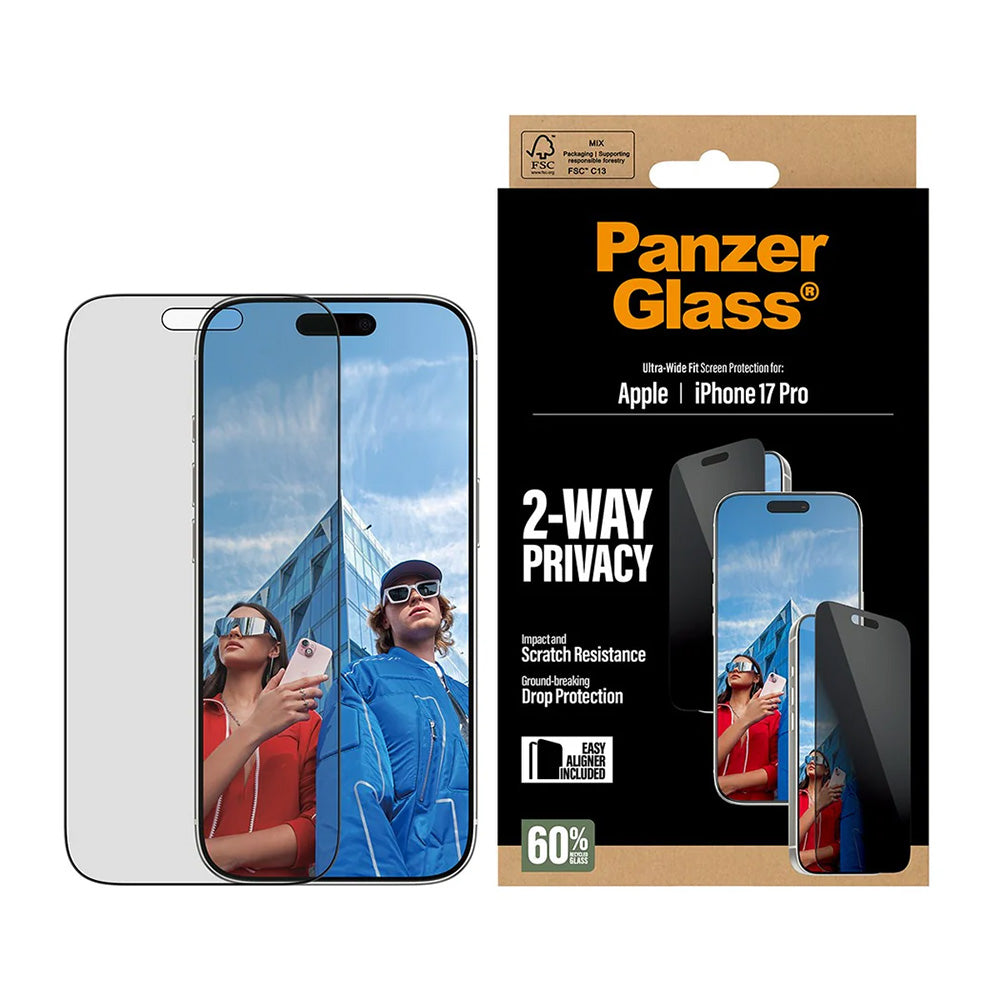 Beschermfolie Privacy PanzerGlass Ultra-Wide Fit 2-Way EasyAligner voor Apple iPhone 17 Pro, Gehard Glas, Volledige Lijm